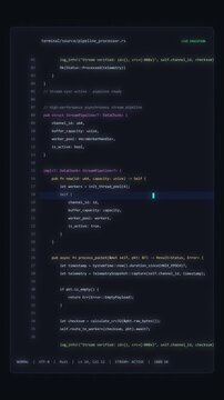 Animation of scrolling code on a dark background, coding programming cyberspace digital technology