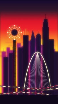 Retro cityscape at sunset with fireworks, glowing arch, and traffic lights, vibrant neon motion graphic loop