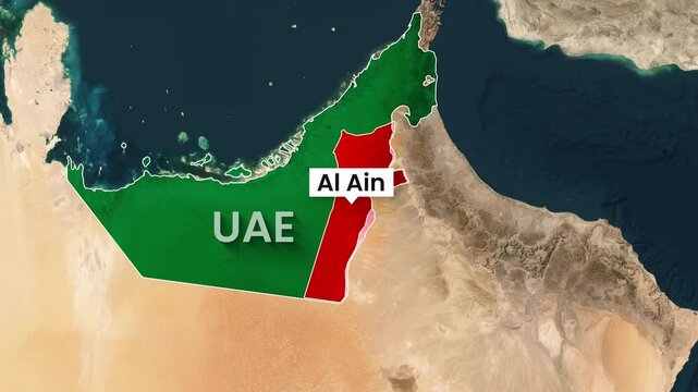 United Arab Emirates map highlighted with Al Ain region in motion