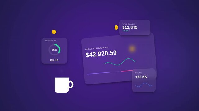 Sleek financial dashboard with glowing purple UI elements, analytical graphs, and coffee cup icon, concept for intuitive income tracker and wealth management, ideal for budgeting apps.