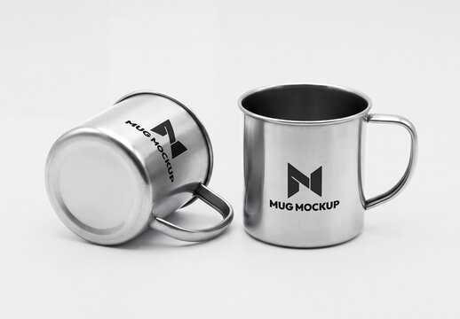 Two Stainless Steel Mug Mockup with Logo on Grey Background