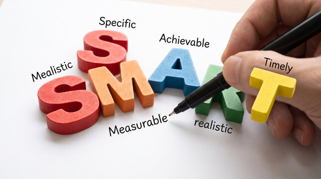 Hand holding a pen pointing at the word measurable, part of the smart goal setting acronym concept, isolated on white background