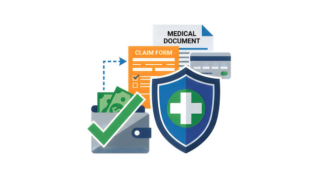 Health insurance claim form and medical document illustration, blue shield with cross for healthcare protection, wallet with cash and credit card isolated on White Background Evergreen