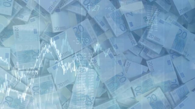 Stacks of blue twenty Euro banknotes overlaid with white financial line graphs and candlestick charts, representing European economic trends, inflation, and forex trading.