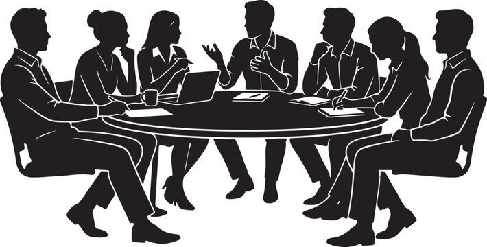 Corporate team brainstorming round table discussion solid black vector silhouette