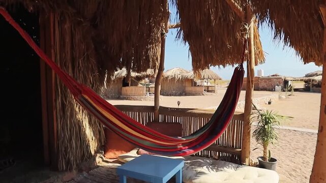 Hammock hanging at the entrance of the hut by the sea
