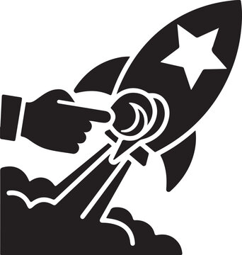 Entrepreneur launching rocket star startup concept icon solid black vector silhouette