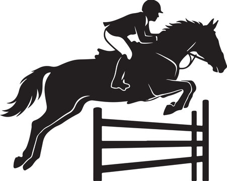Equestrian horse jumping over hurdle hurdle racing sport solid black vector silhouette.