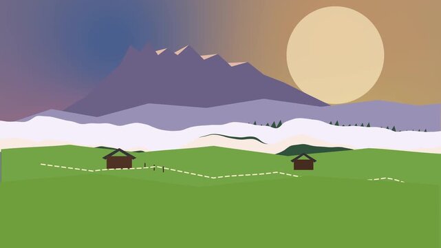 Pixel art landscape, mountain range, sun, clouds, and rustic cabins in a meadow, serene morning view