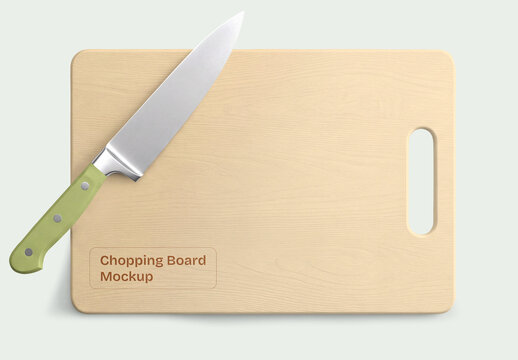 Wooden Chopping Board Mockup with Chef Knife Top View