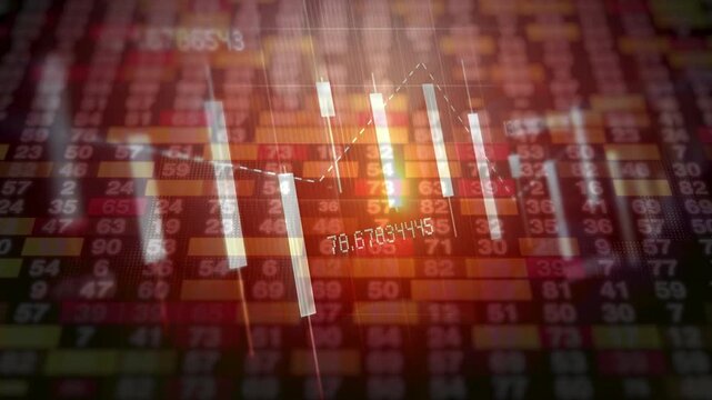 Glowing candlestick charts and overlapping digital numbers on a warm orange background, illustrating financial market volatility, stock trading analysis, and economic trends.