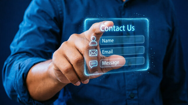 Finger pressing a glowing contact us button on a holographic customer support form.