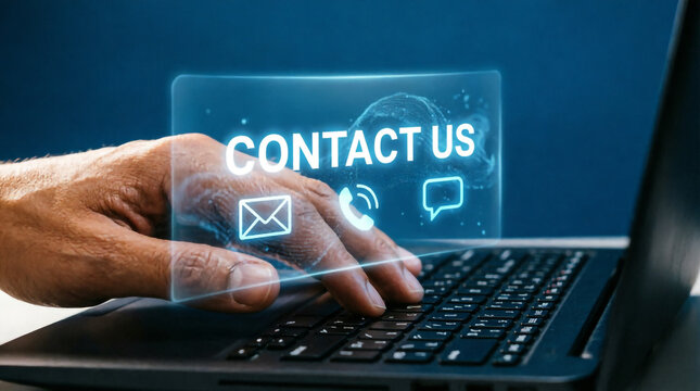 Finger pressing a glowing contact us button on a holographic customer support form.
