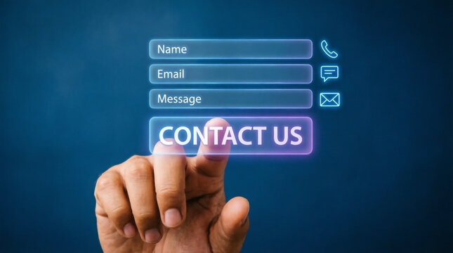 Finger pressing a glowing contact us button on a holographic customer support form.