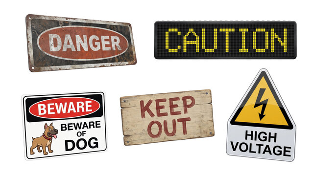 Realistic warning sign collection with danger caution beware keep out high voltage and road alert signs