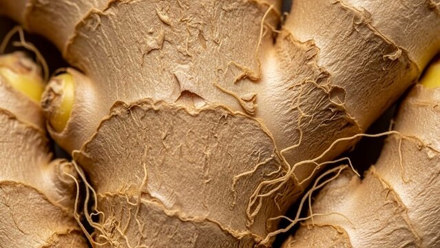 Close up texture of raw ginger root with fibrous skin