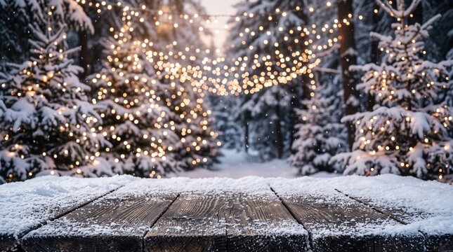 Enchanted Winter Wonderland Forest Path with Illuminated Christmas Trees Background