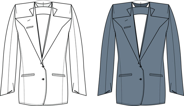 Blazer Jacket Flat Sketch Outline and Colored Version Technical Fashion Drawing