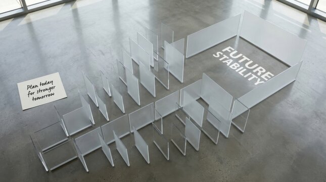 Geometric Acrylic Panels Arranged on a Textured Surface with 'Future Stability' Text