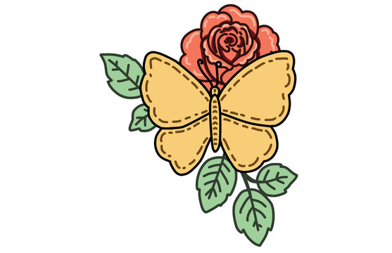 Minimalist illustration of a cute yellow butterfly resting on a pink rose with green leaves.