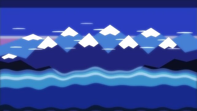 Pixel art animation of blue water waves flowing in front of snow capped mountains and pink sky