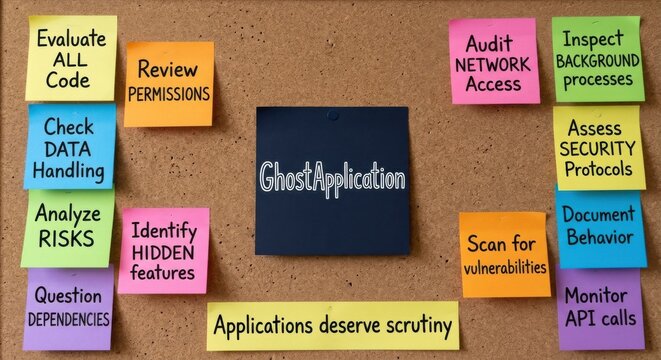 Ghost Application concept displayed on sticky notes on a bulletin board