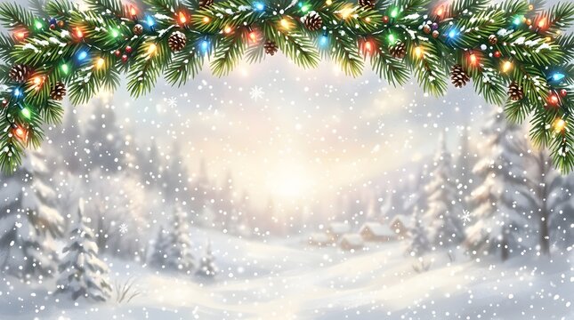 Magical winter forest landscape with snowy trees and a festive colorful christmas light garland border