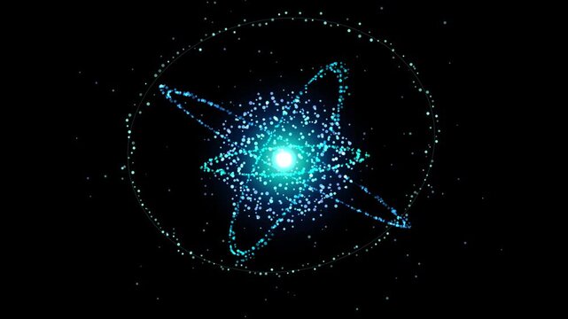 Abstract digital atom model with glowing blue particles and orbital rings