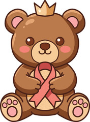 Obraz premium Cute brown teddy bear wearing a crown and holding a pink breast cancer awareness ribbon illustration.