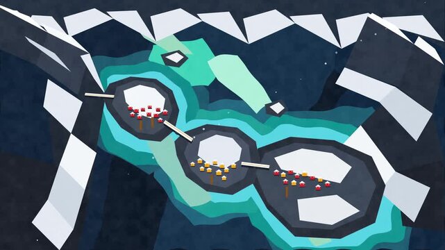 abstract pixel art landscape with islands and bridges, colorful winter scene motion graphic