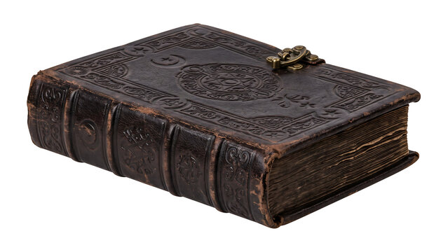 Antique dark leather bound magic spellbook with metal clasp isolated on transparent background
