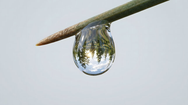 Macro Shot Of Clear Water Droplet On Plant Stem Refracting Inverted Sunny Forest Landscape Scene