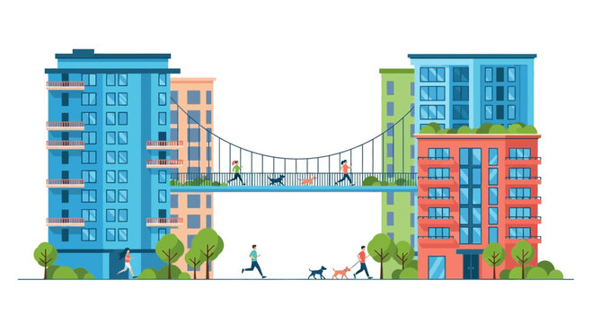 Modern Sustainable City with Skybridge Connecting High-Rise Buildings, People Jogging and Walking Dogs in Green Urban Space, Flat Vector Illustration