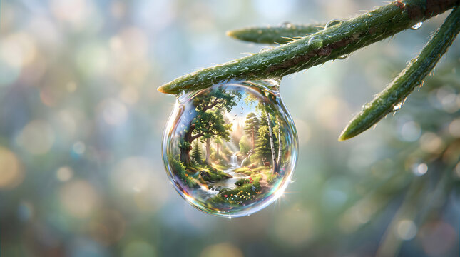 Surreal macro image of a sparkling water droplet on a pine needle with miniature forest inside