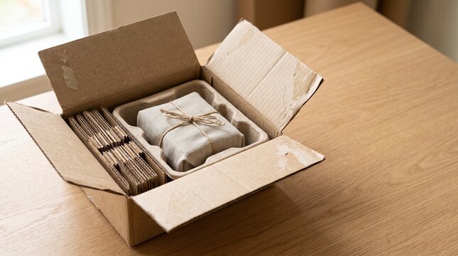 Open cardboard shipping box with protective paper packaging and twine on a wooden table parcel delivery packaging material brown cardboard parcel package