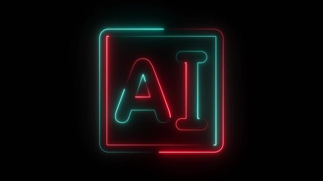 Neon ai logo sign glowing with red and blue light