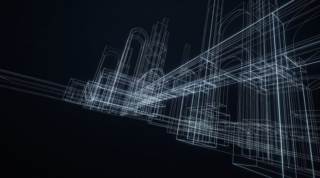 Blue wireframe geometric structure with sharp lines