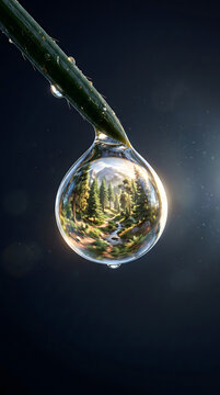 Macro shot of water droplet on stem with refracted mountain forest landscape inside on dark background