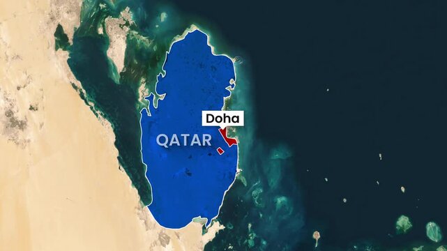 Animated map highlights Qatar and its capital Doha in blue video footage