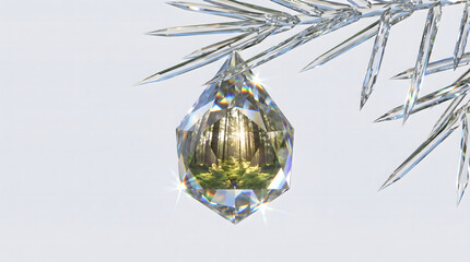 Obraz premium Multifaceted crystal diamond containing a sunlit forest scene hanging from a crystalline branch