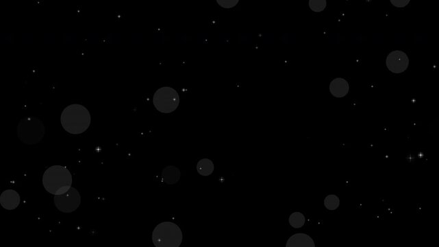 Floating Glowing Bokeh Particles on Black Background. Sparkling Star Dust Motion. Ambient Magical Bokeh Background. Abstract White Particle Field.