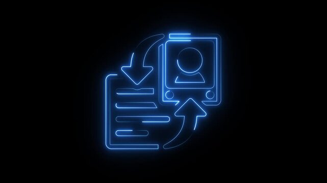 Blue neon user profile data sync icon on black background