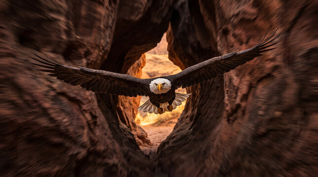 Majestic bald eagle soaring through a narrow red rock canyon tunnel with wings spread wide