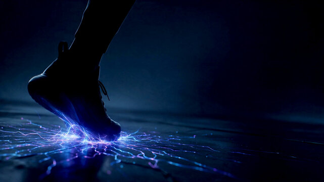 Step generating kinetic power running shoe on floor 3D illustration of sustainable energy transition innovation in dark futuristic studio close up shot