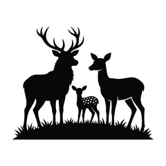 Fototapeta premium Deer family silhouette with buck doe and fawn standing together in grass