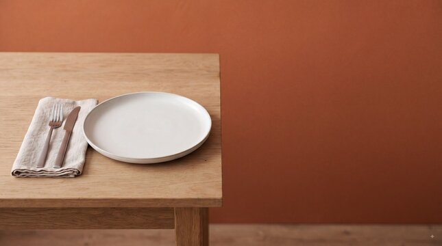 A single white ceramic plate with a fork and knife placed on a linen napkin on a wooden ad social media download thambnail poster web template event festival 2026 2027 2028