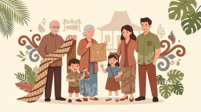 Indonesian Family Wearing Traditional Batik Clothing Celebrating Cultural Heritage
