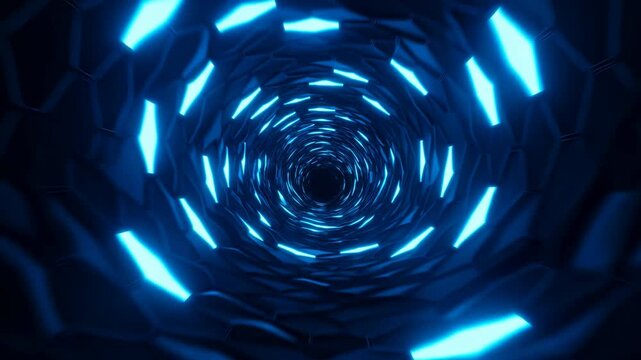 Glowing cyan light panels spiral around a dark geometric tunnel, circling a central vanishing point as repeating angular walls create rhythmic rotation, depth, and vivid blue illumination