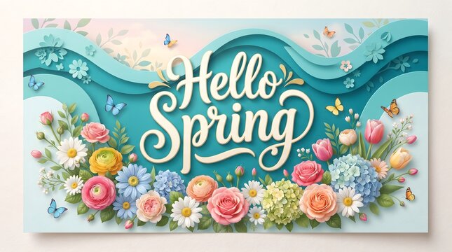 Hello spring floral banner with butterflies and layered paper-cut background
