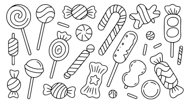 Candy and Lollipop Collection Line Art Coloring Page &ndash; Sweet Confectionery Vector Illustration